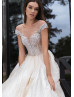 Cap Sleeve Beaded Tulle Cathedral Glitter Wedding Dress